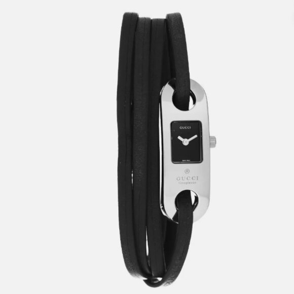 GUCCI 6100L Leather Wrap Around Watch Silver & Black Bracelet Style Authentic - Picture 1 of 8